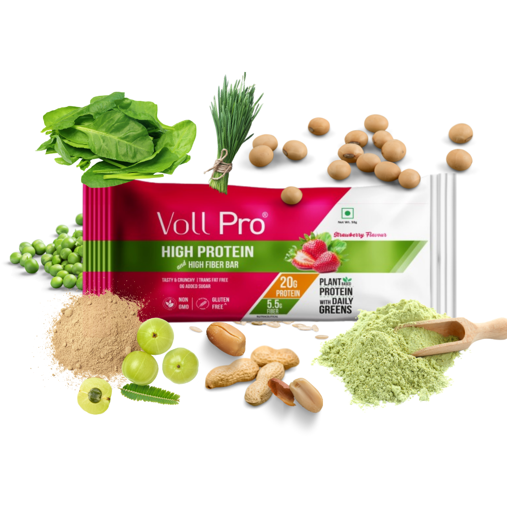 Voll Pro Plant Protein Bar: 20g protein in 50g bar: (Pack of 65g*6 bars) Strawberry Flavour