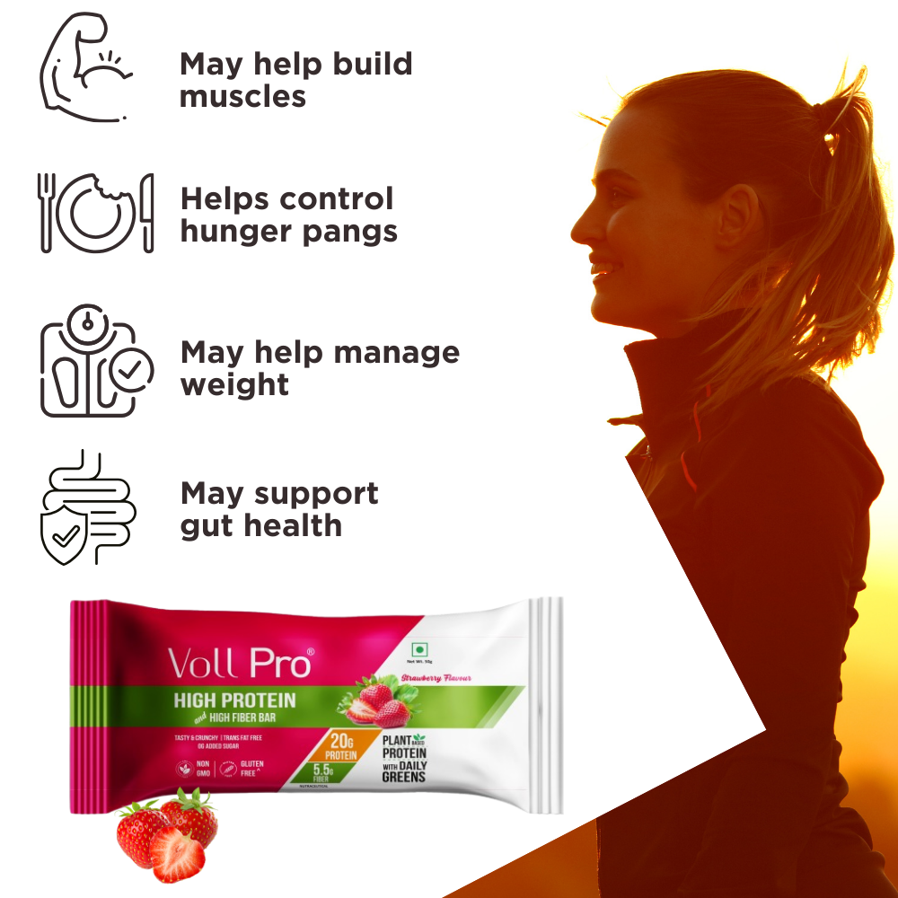 Voll Pro Plant Protein Bar: 20g protein in 50g bar: (Pack of 65g*6 bars) Strawberry Flavour