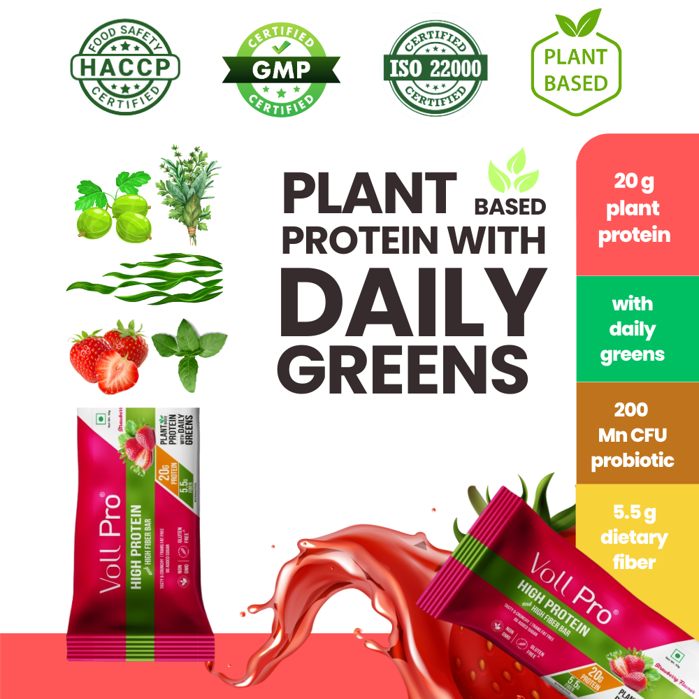 Voll Pro Plant Protein Bar: 20g protein in 50g bar: (Pack of 65g*6 bars) Strawberry Flavour