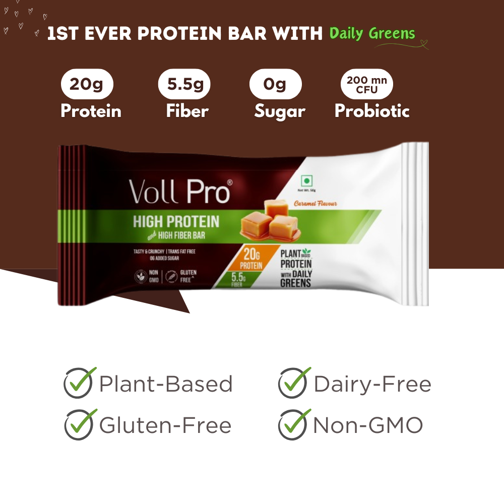 Voll Pro Plant Protein Bar: 20g protein in 50g bar: (Pack of 65g*6 bars) Caramel Flavour