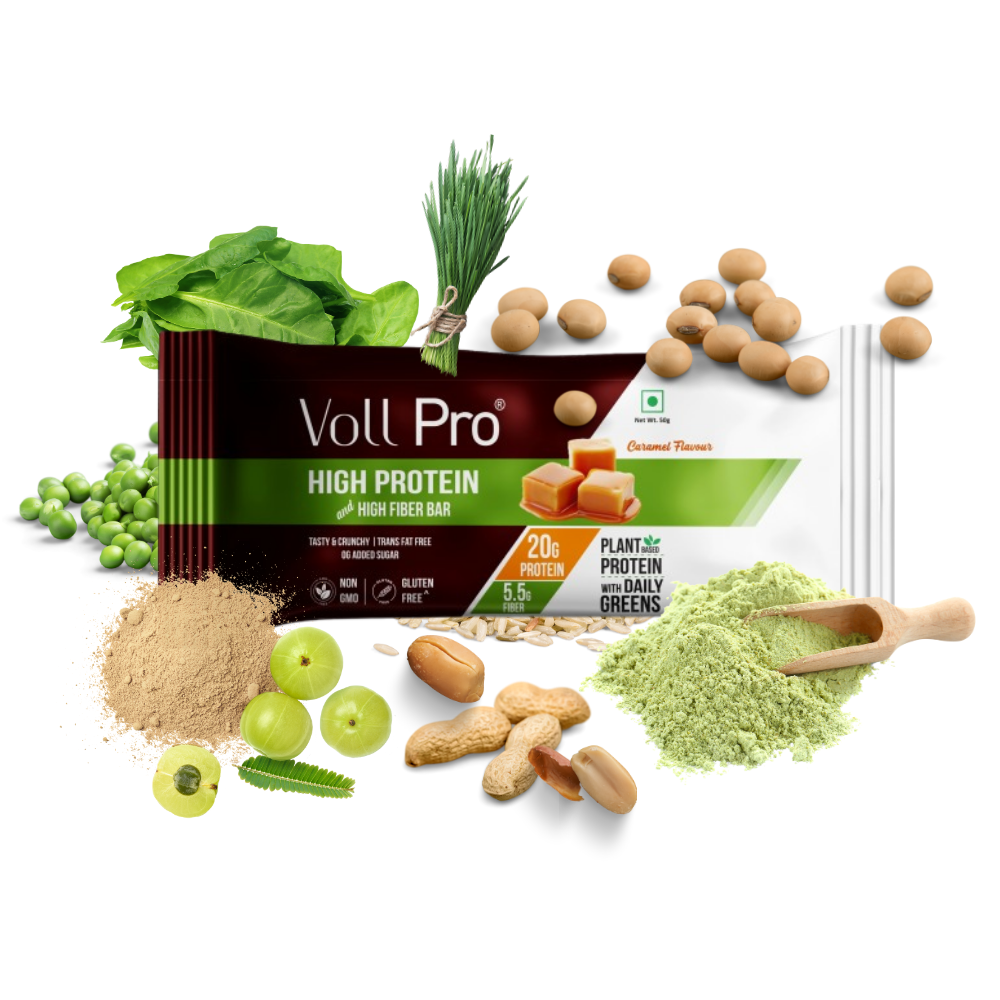 Voll Pro Plant Protein Bar: 20g protein in 50g bar: (Pack of 65g*6 bars) Caramel Flavour