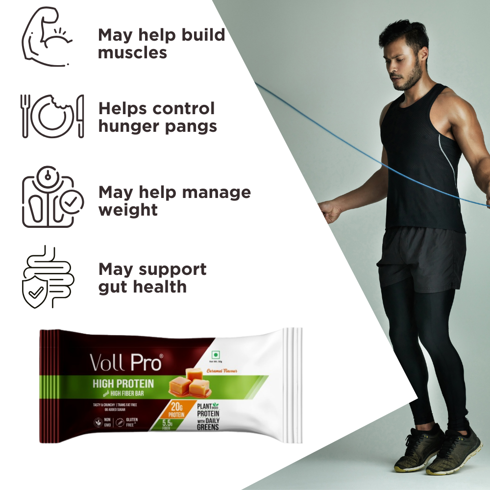 Voll Pro Plant Protein Bar: 20g protein in 50g bar: (Pack of 65g*6 bars) Caramel Flavour