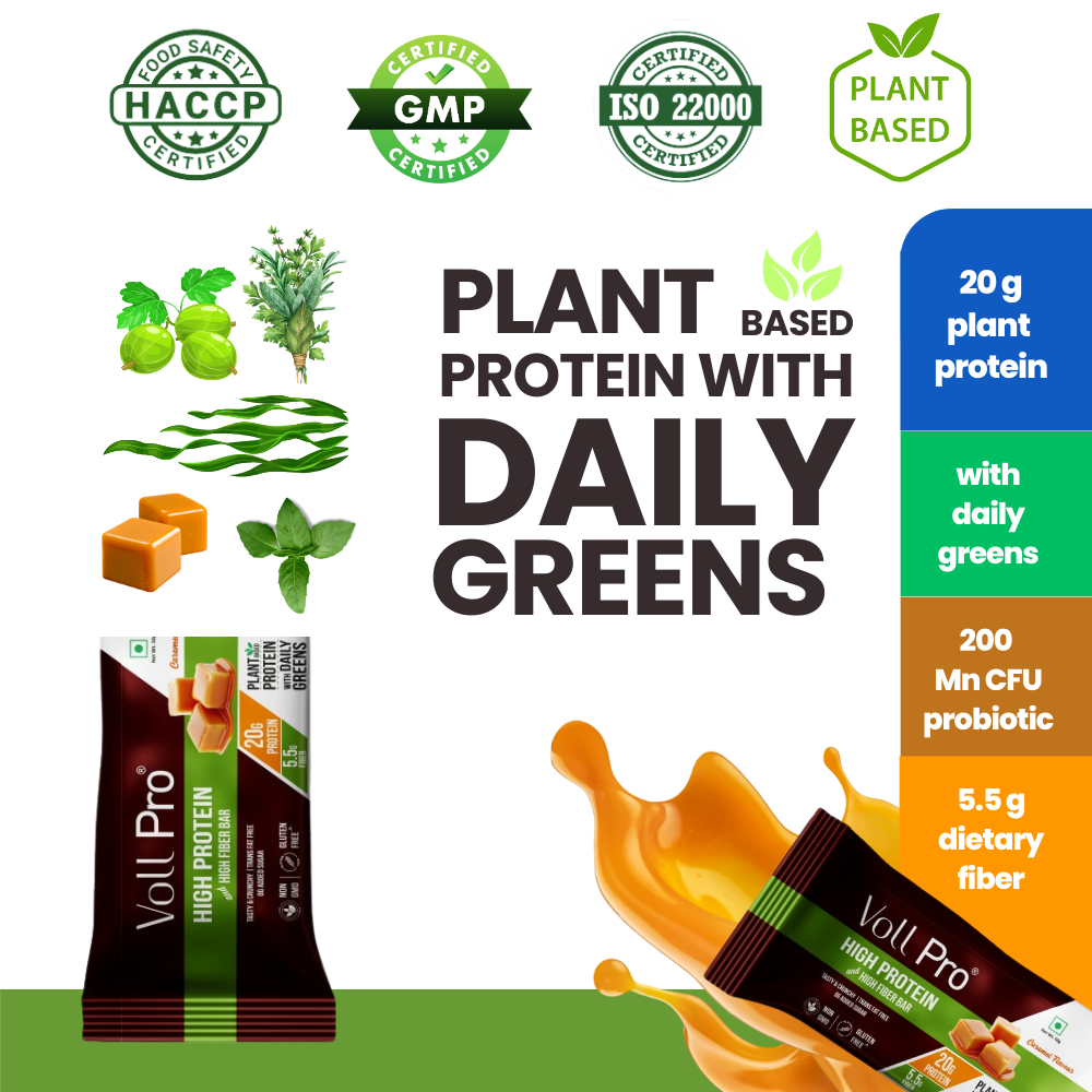 Voll Pro Plant Protein Bar: 20g protein in 50g bar: (Pack of 65g*6 bars) Caramel Flavour