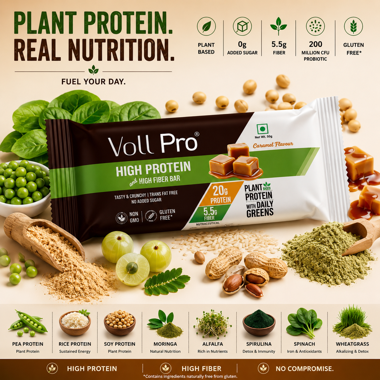 Plant Protein Bar – Voll Pro (20g Protein per 50g Bar, Pack of 6) Caramel Flavour