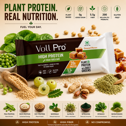 Plant Protein Bar – Voll Pro (20g Protein per 50g Bar, Pack of 6) Caramel Flavour