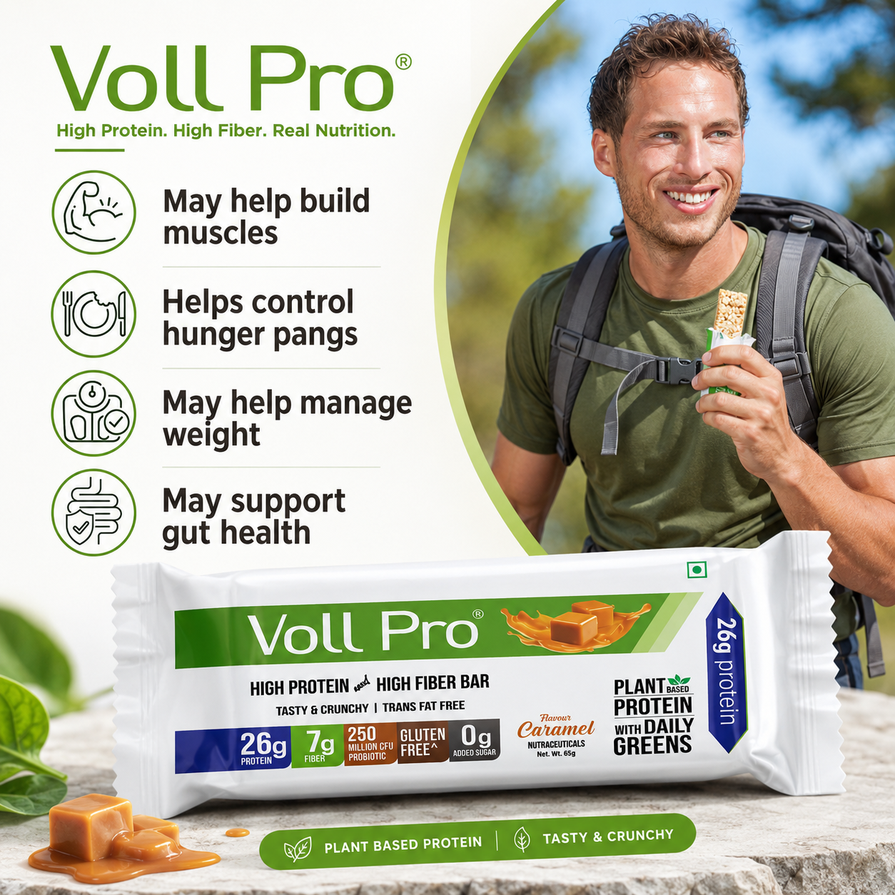 Plant Protein Bar – Voll Pro (26g Protein per 65g Bar, Pack of 6)