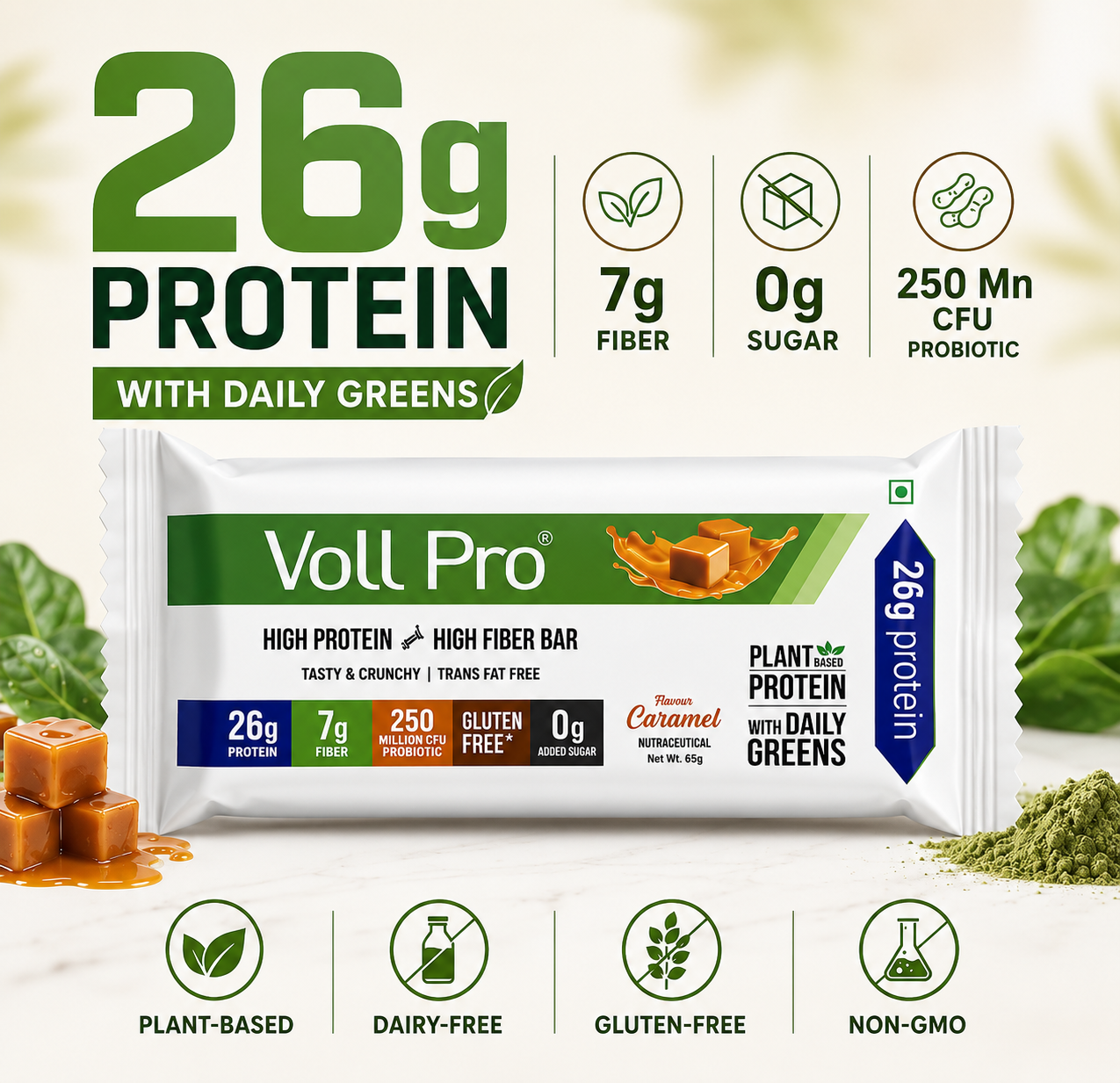 Plant Protein Bar – Voll Pro (26g Protein per 65g Bar, Pack of 6)